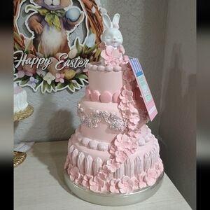 Sweet Treats Pink Easter Bunny Tiered Cake Macaroons Frosted NEW